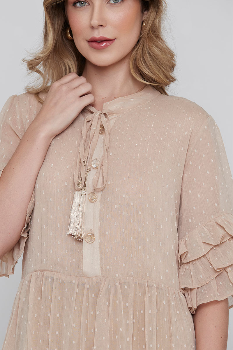 Vestido Fluido Lurex Longuete Areia