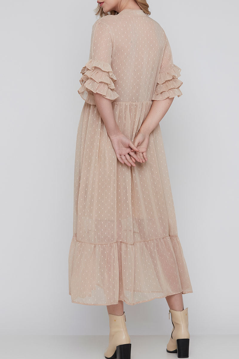 Vestido Fluido Lurex Longuete Areia