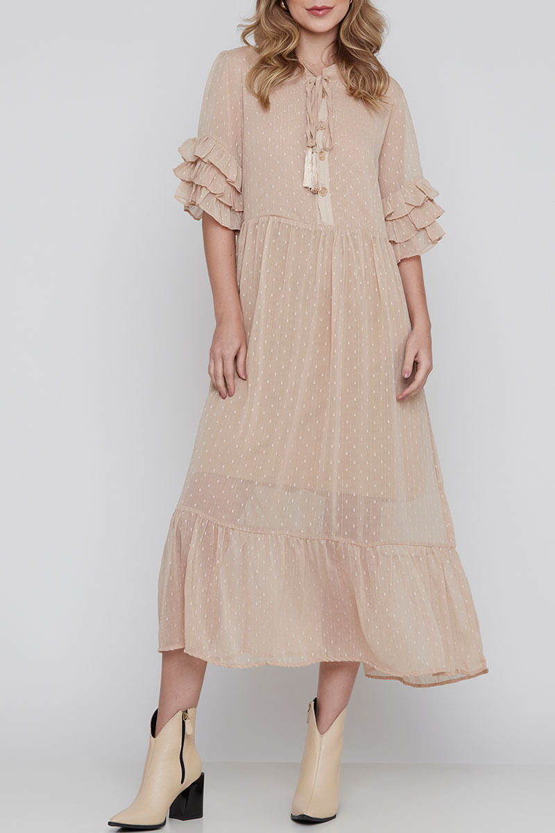 Vestido Fluido Lurex Longuete Areia