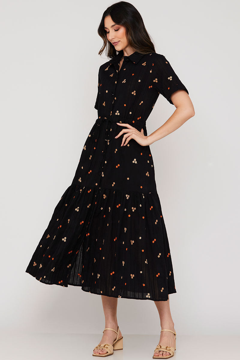Vestido Manga Curta Algodão Bordado Preto