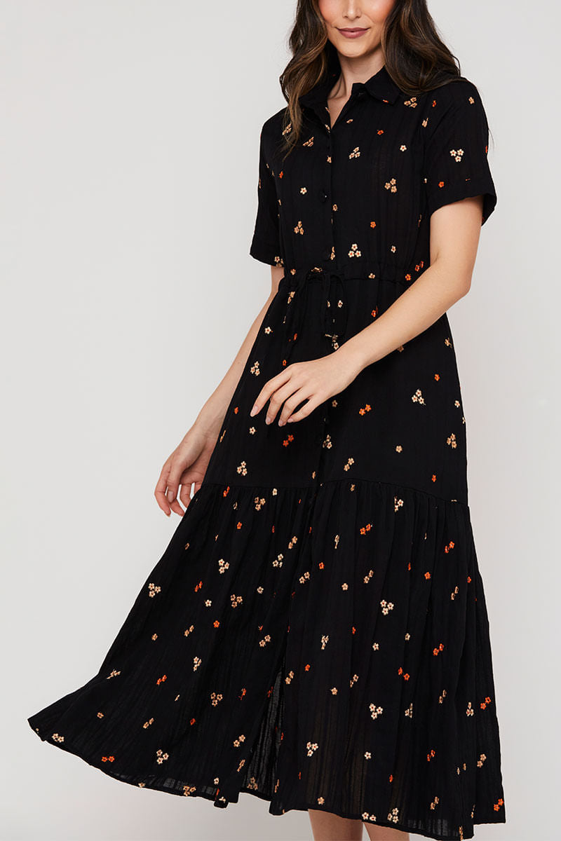 Vestido Manga Curta Algodão Bordado Preto