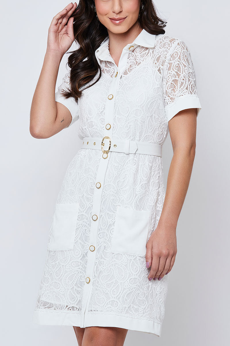 Vestido Renda Manga Curta Offwhite