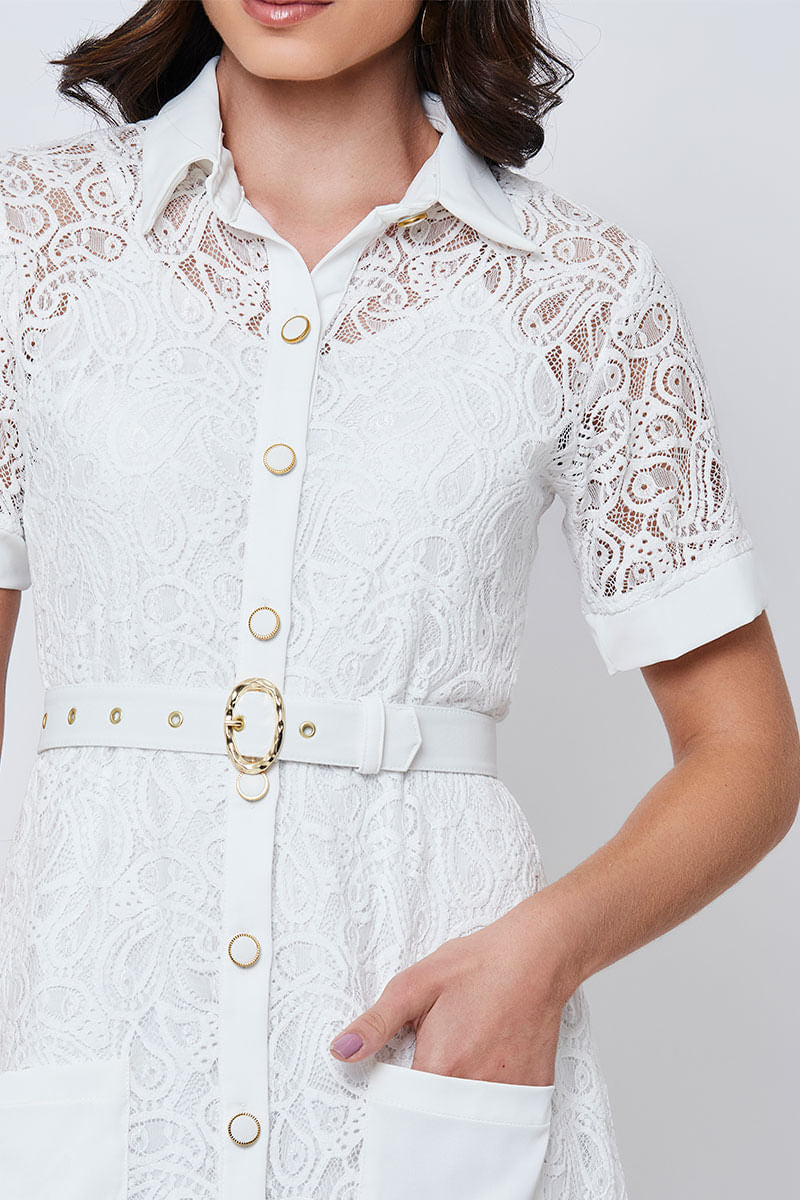 Vestido Renda Manga Curta Offwhite