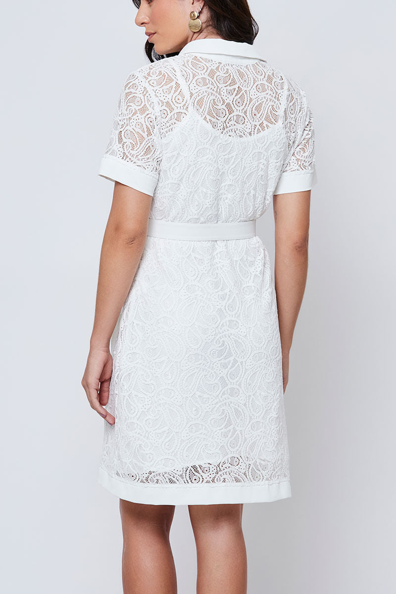 Vestido Renda Manga Curta Offwhite
