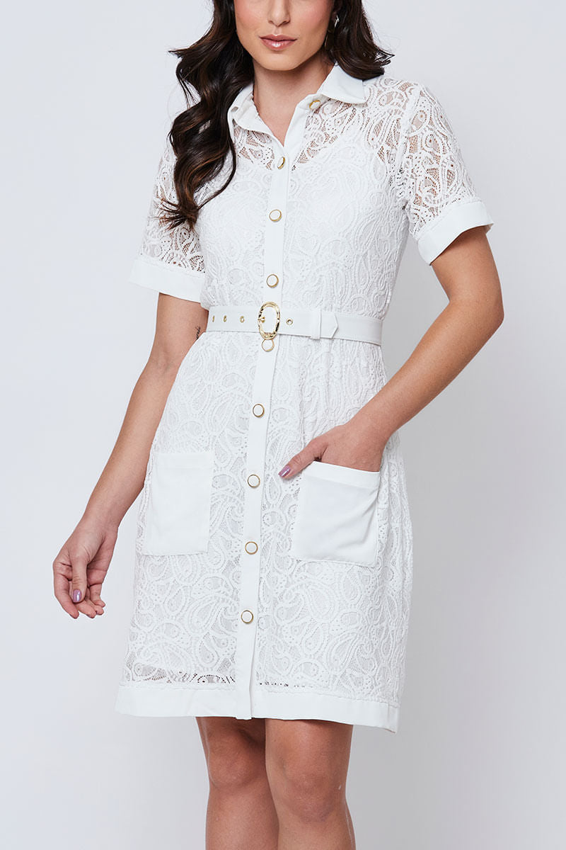 Vestido Renda Manga Curta Offwhite