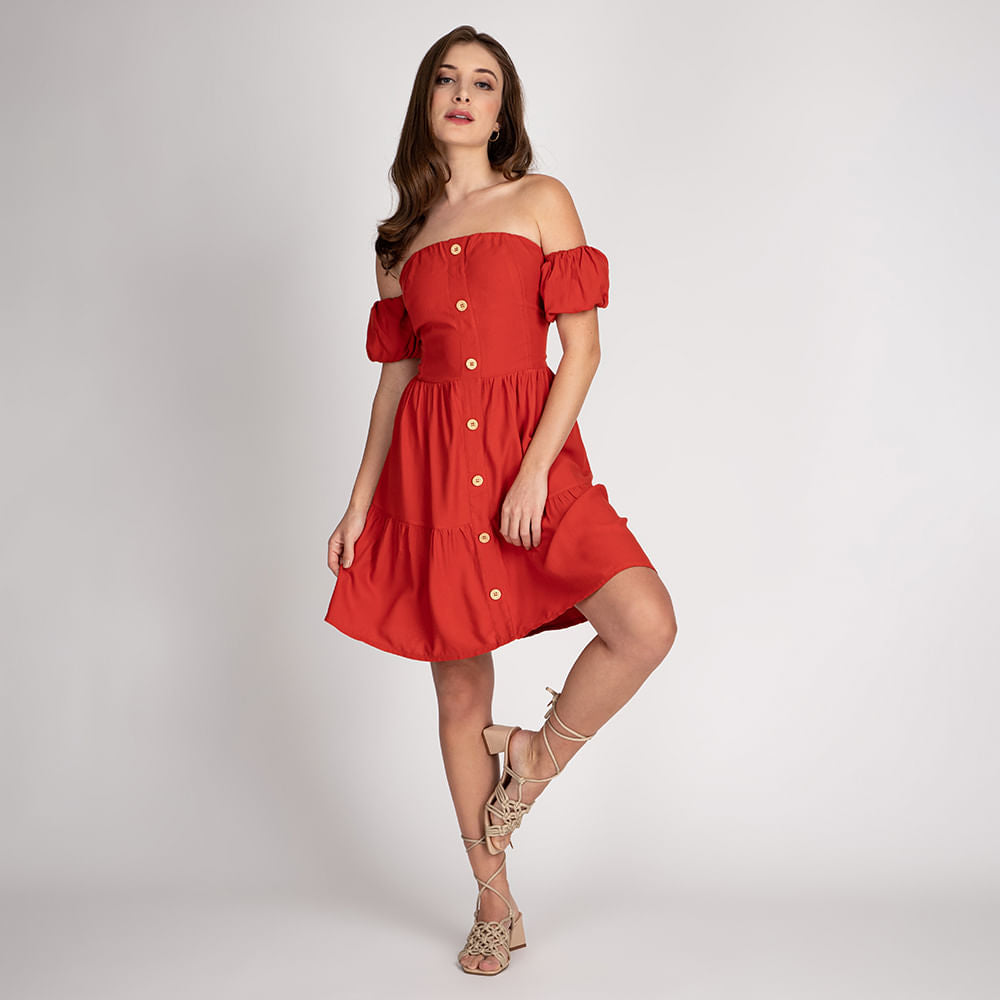 Vestido Curto Ombro a Ombro Coral