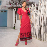 Vestido Recortes Bordado Vermelho