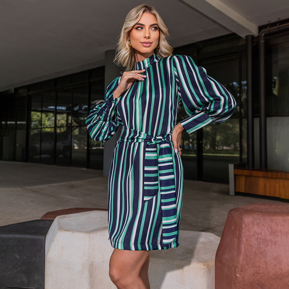 Vestido Listrado Manga Longa Verde