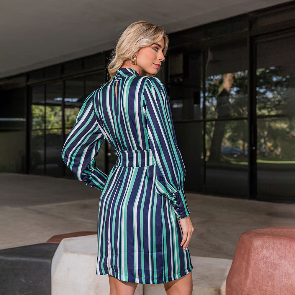 Vestido Listrado Manga Longa Verde