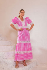 Vestido Laise Florzinhas Renda Entremeio Rosa