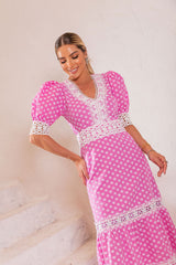 Vestido Laise Florzinhas Renda Entremeio Rosa
