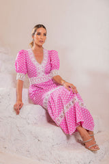 Vestido Laise Florzinhas Renda Entremeio Rosa