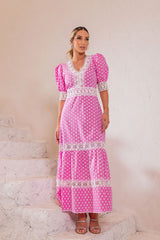 Vestido Laise Florzinhas Renda Entremeio Rosa