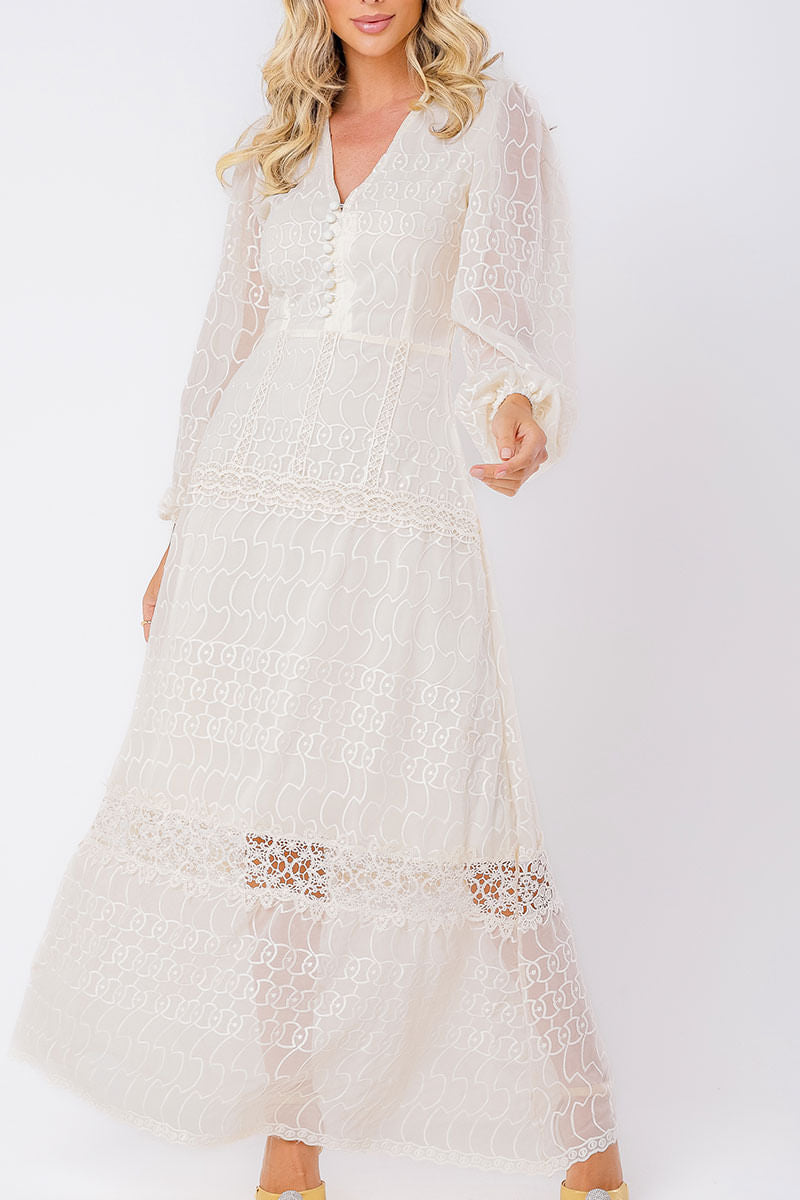 Vestido Longo Chiffon com Renda ML Offwhite