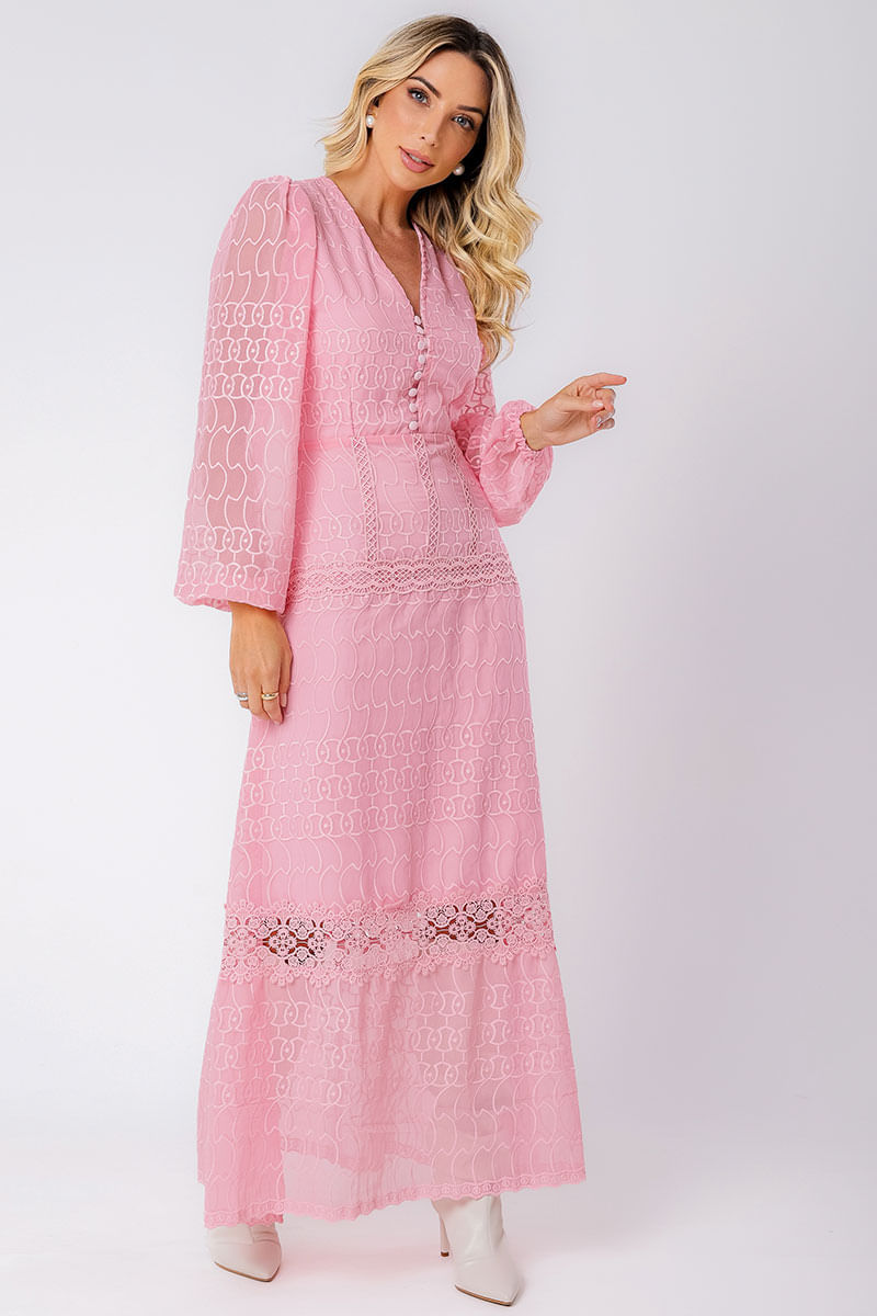 Vestido Longo Chiffon com Renda ML Rosa
