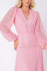 Vestido Longo Chiffon com Renda ML Rosa
