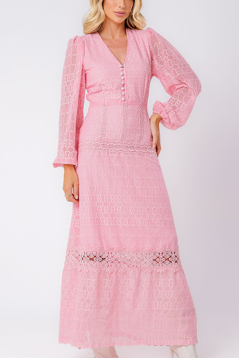 Vestido Longo Chiffon com Renda ML Rosa