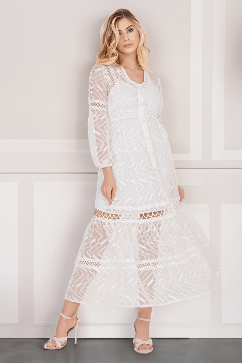 Vestido Longo Renda Manga Longa Offwhite