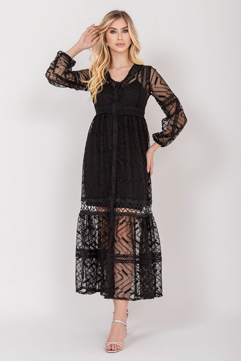 Vestido Longo Renda Manga Longa Preto