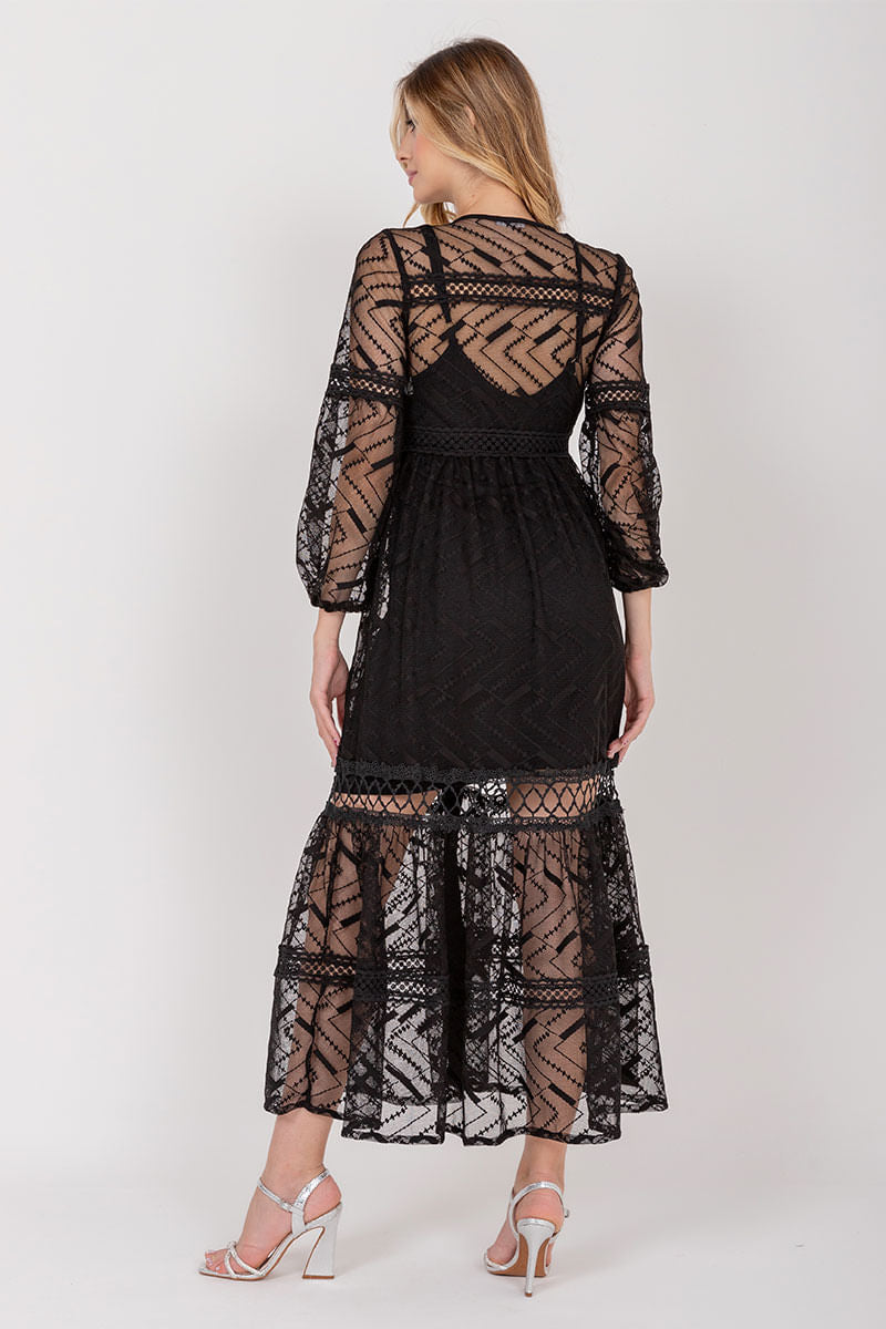 Vestido Longo Renda Manga Longa Preto