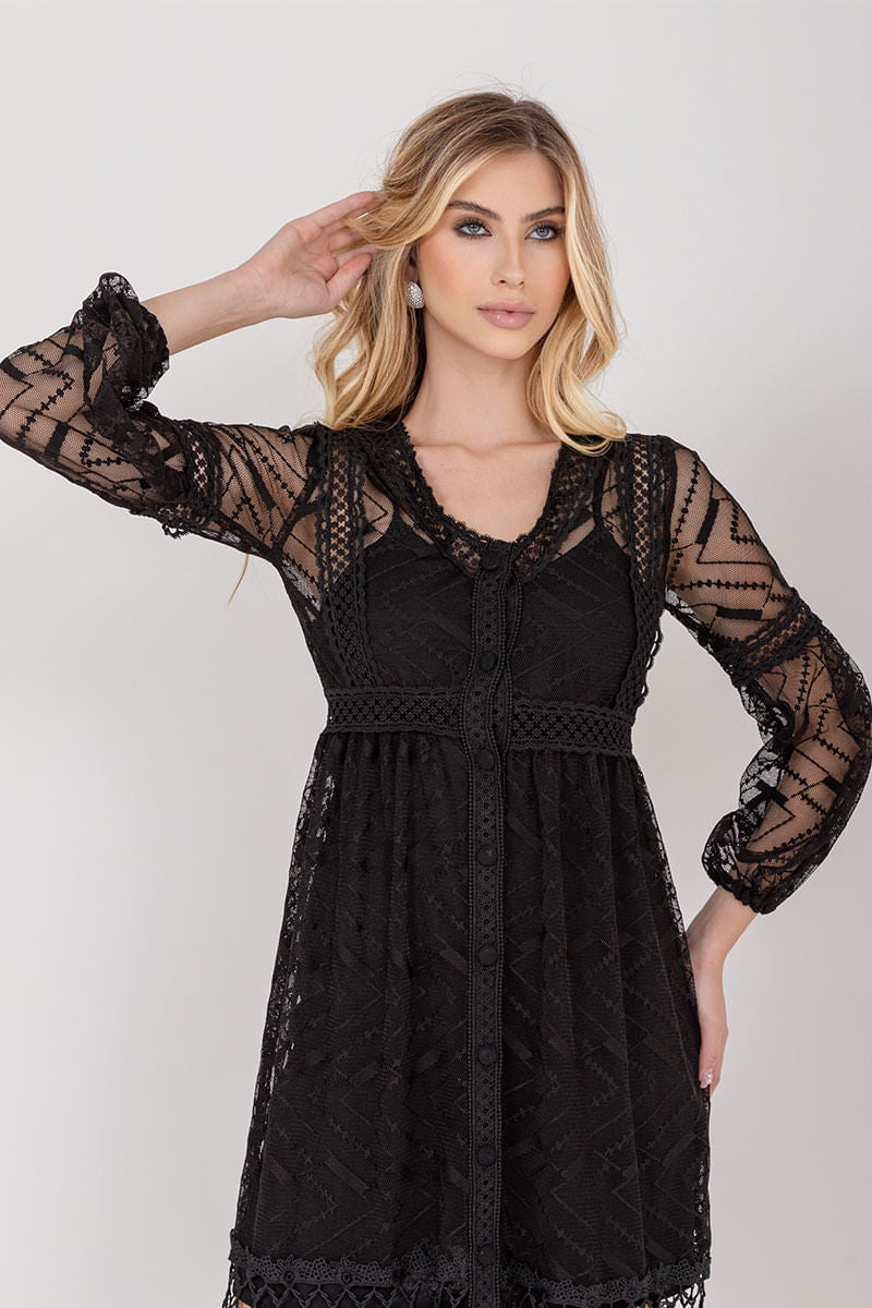Vestido Longo Renda Manga Longa Preto