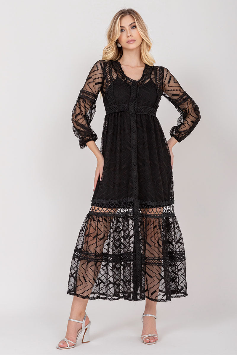 Vestido Longo Renda Manga Longa Preto
