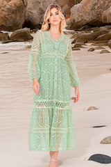 Vestido Longo Renda Manga Longa Verde
