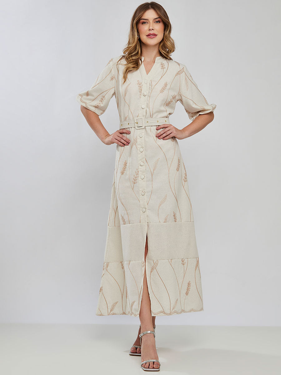 Vestido Laise Bordado Longuete Bege