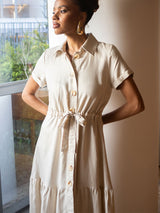 Vestido Manga Curta Linho Bordado Areia