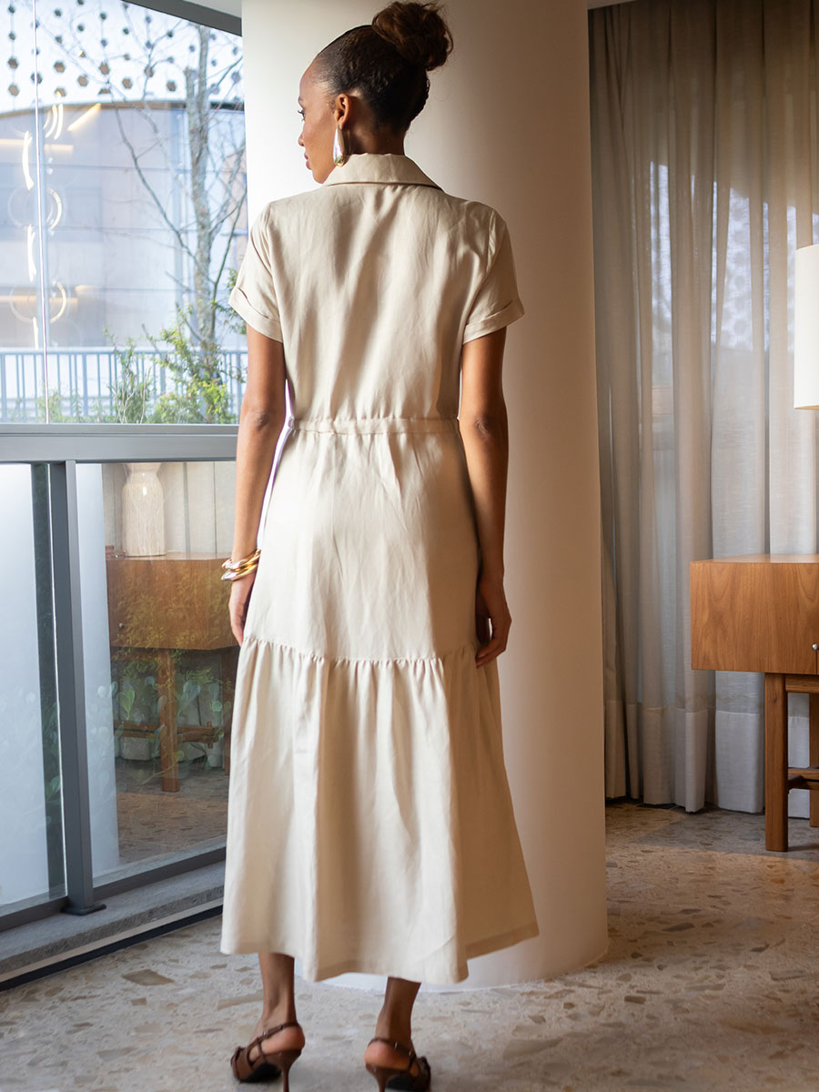 Vestido Manga Curta Linho Bordado Areia