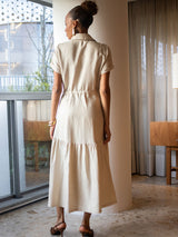 Vestido Manga Curta Linho Bordado Areia