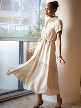 Vestido Manga Curta Linho Bordado Areia