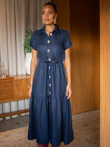 Vestido Manga Curta Linho Bordado Azul