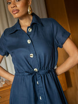 Vestido Manga Curta Linho Bordado Azul