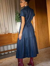Vestido Manga Curta Linho Bordado Azul