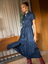Vestido Manga Curta Linho Bordado Azul