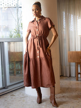 Vestido Manga Curta Linho Bordado Marrom