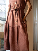 Vestido Manga Curta Linho Bordado Marrom