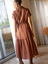 Vestido Manga Curta Linho Bordado Marrom