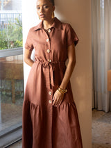 Vestido Manga Curta Linho Bordado Marrom