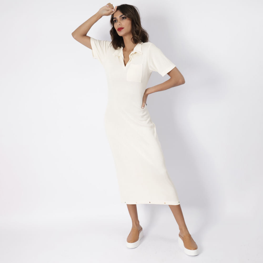 Vestido Gola Polo Longuete Offwhite