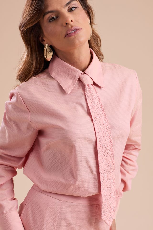 Camisa Alfaiataria Micro Estampa Rosa
