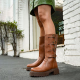 Bota Coturno Couro Cano Alto 4 Fivelas Caramelo