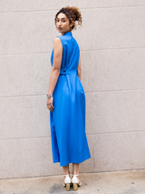 Vestido Pregas Midi Azul