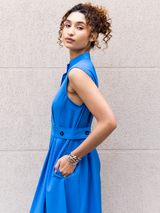 Vestido Pregas Midi Azul