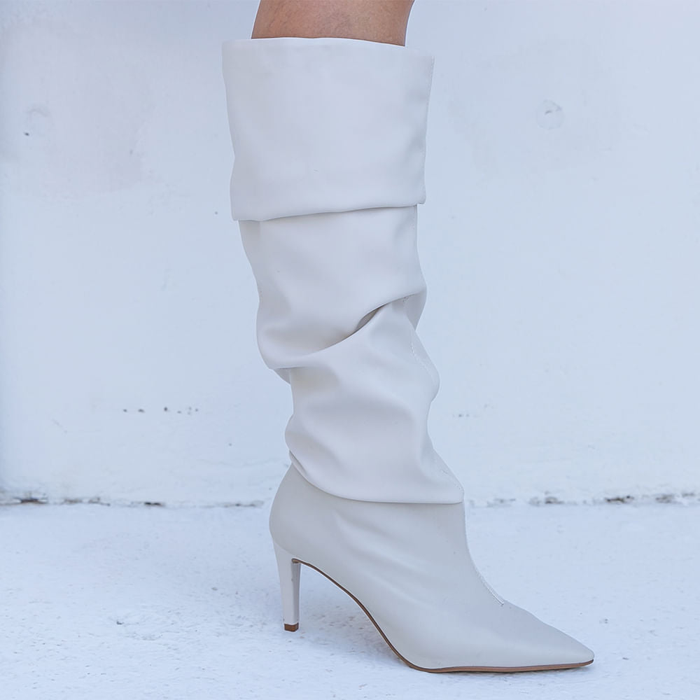 Bota Couro Cano Alto Salto Fino Offwhite