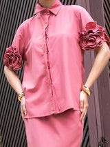Camisa Flor Alto Relevo Algodão Rosa