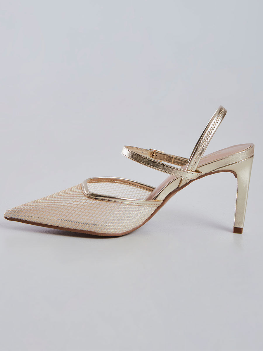 Scarpin Salto Fino Aberto Tela Ouro