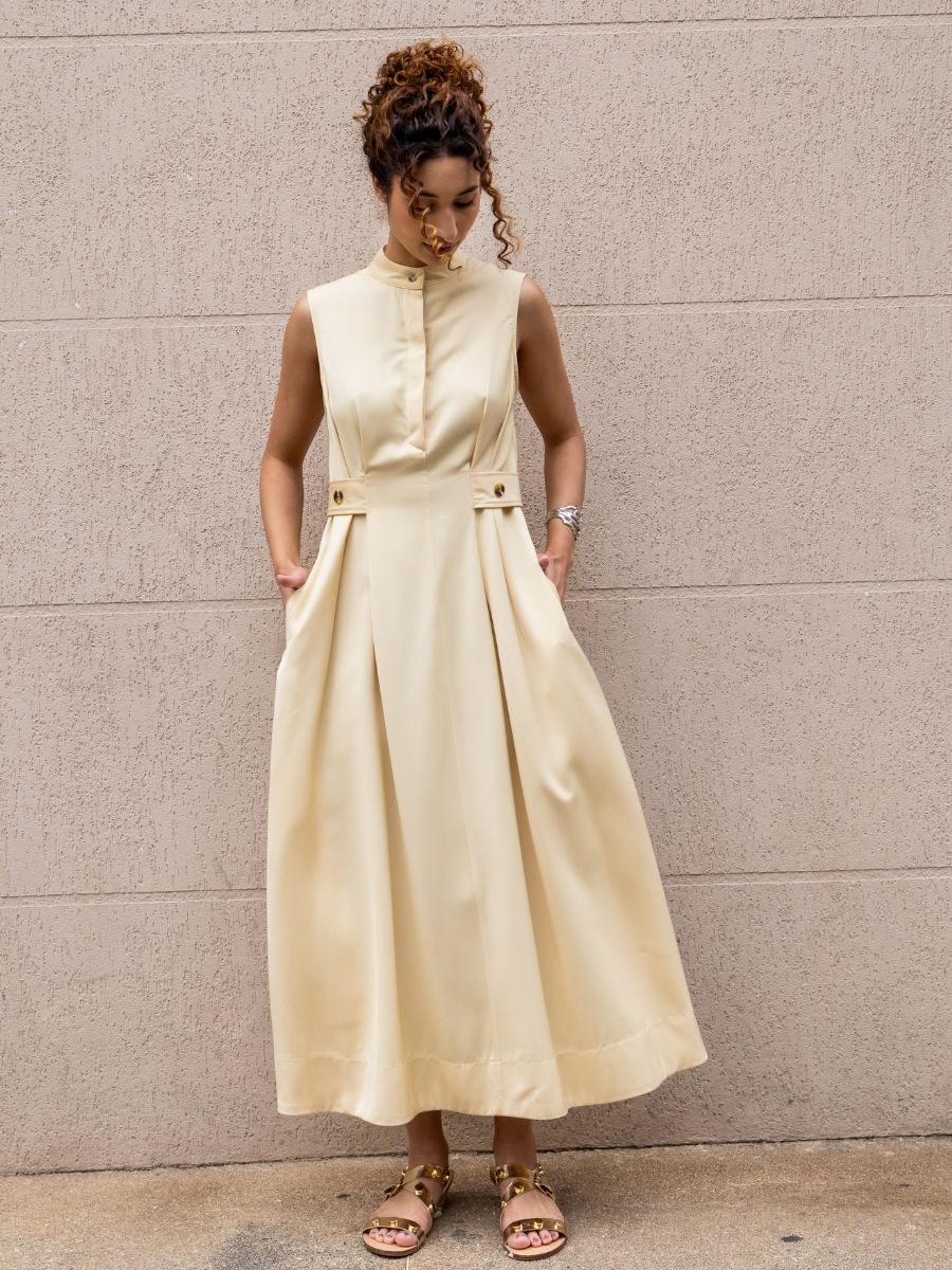 Vestido Pregas Midi Manteiga