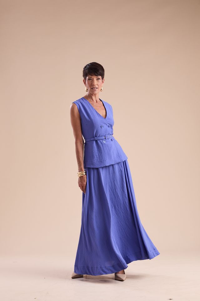 Conjunto Alfaiataria Colete e Saia Ampla Azul
